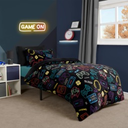 OHS Gaming Print Fleece Duvet Set, Black - Double