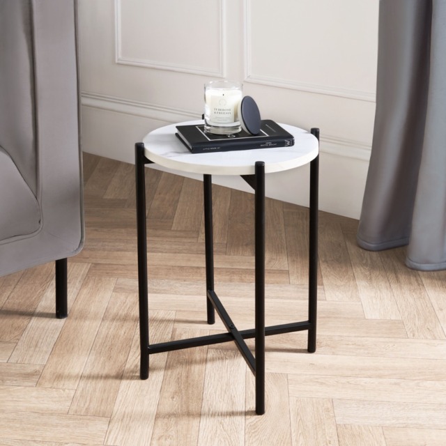 OHS Marble Effect Round Side Table - White - image 1
