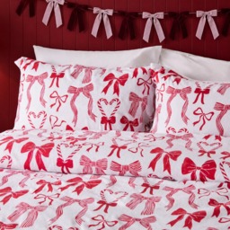 OHS Bow Print Brushed Cotton Flannelette Duvet Cover Set, White/Red - Single - thumbnail 2