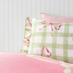 OHS Bow Print Gingham Duvet Cover & Frill Edge Pillowcase Set, Green/White - King - thumbnail 3