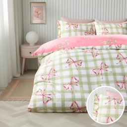 OHS Bow Print Gingham Duvet Cover & Frill Edge Pillowcase Set, Green/White - King - thumbnail 1