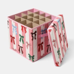 OHS Multi Bow Stripe Christmas Bauble Storage Box - Pink/White - thumbnail 2