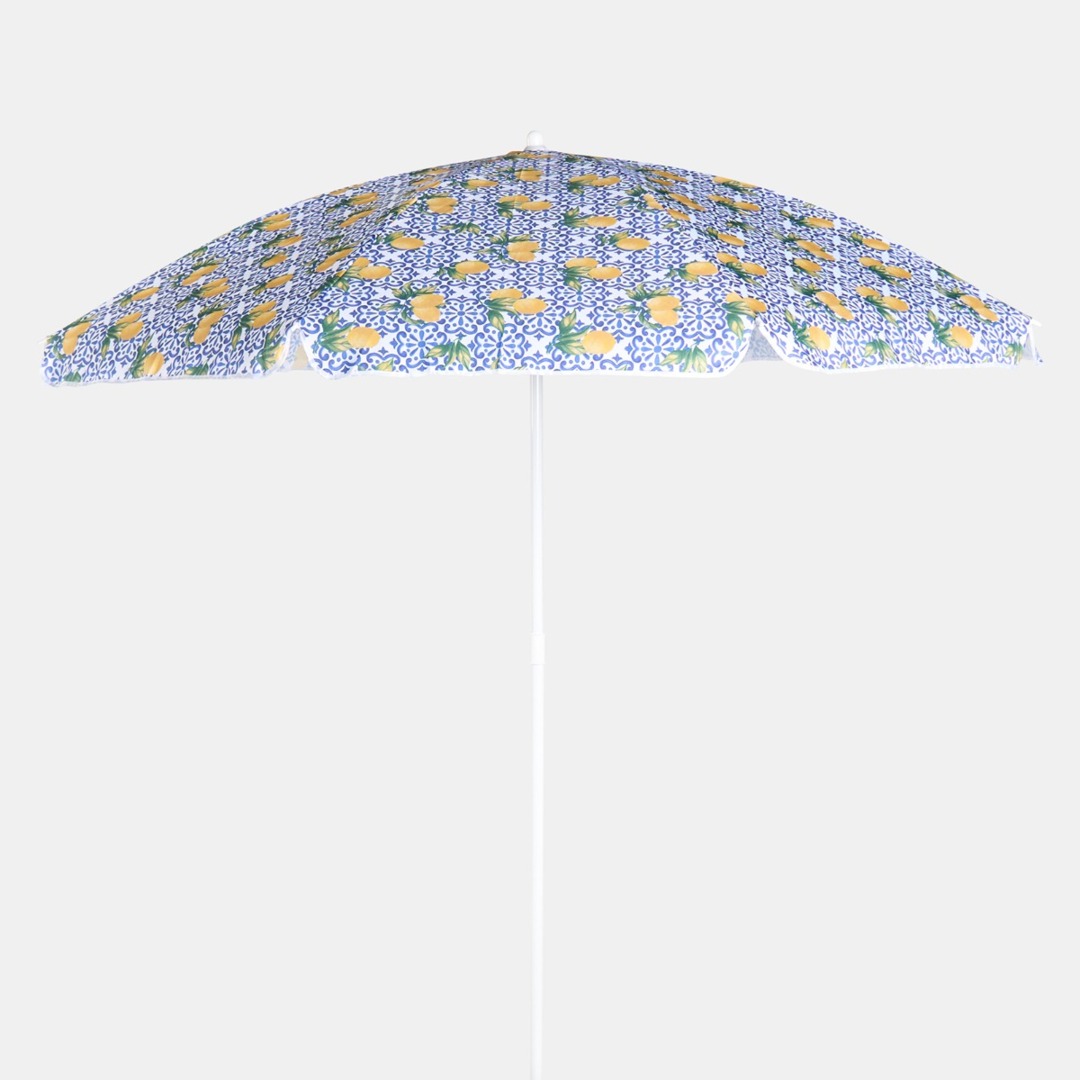 lemon print patio umbrella 9' Market Umbrella, 32” wide when open 23.5 tall (top to handle bottom) Bamboo and synthetic silk Handmade in China Not for use in rain Boho Parasol Umbrella : Lemon