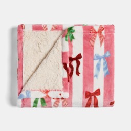 OHS Pet Multi Bow Stripe Sherpa Reverse Throw - Pink/White - thumbnail 2