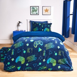 OHS Gaming Fleece Duvet Set - Navy/Green - Single