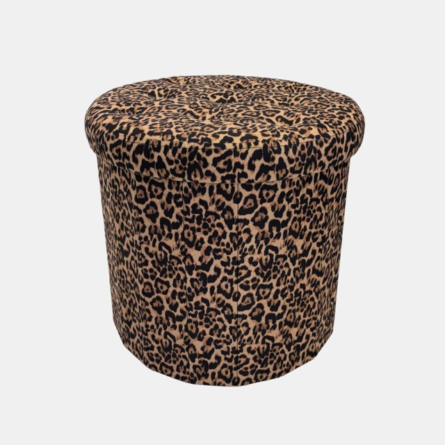 OHS Leopard Print Velvet Foldable Round Storage Ottoman - Natural