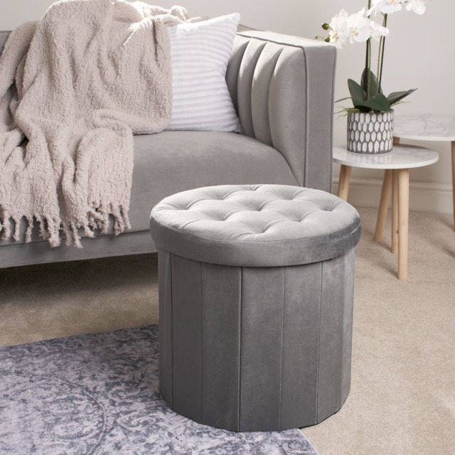 OHS Matte Velvet Foldable Round Storage Ottoman - Charcoal - image 1