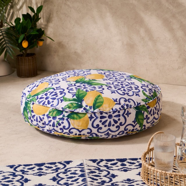 OHS Indoor/Outdoor Round Lemon Print Filled Cushion - White/Blue - image 1