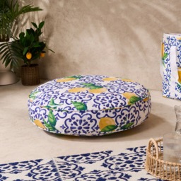 OHS Indoor/Outdoor Round Lemon Print Filled Cushion - White/Blue - thumbnail 3