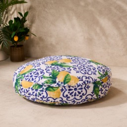OHS Indoor/Outdoor Round Lemon Print Filled Cushion - White/Blue - thumbnail 2