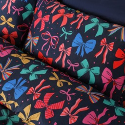 OHS Multi Bow Print Frill Edge Duvet Cover Set, Navy - Double - thumbnail 2