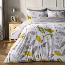 OHS Allium Floral Tartan Check Bedding King Size Duvet Cover Set - Grey/White