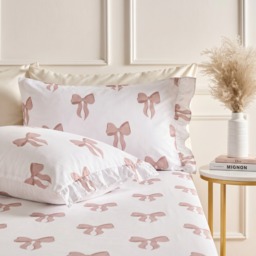 OHS 2 Pack Bow Print Frill Edge Pillowcases - Ivory - thumbnail 1