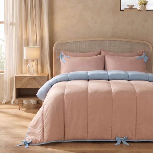 OHS Bow Tie Coverless 7.5 Tog Reversible Duvet Set, Dusky Blue/Natural - Double - image 1
