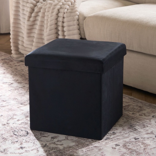 OHS Matte Velvet Foldable Cube Storage Ottoman - Black - image 1