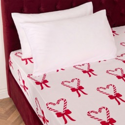 OHS Candy Cane Heart Print Fitted Sheet, White/Red - King