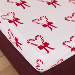 OHS Candy Cane Heart Print Fitted Sheet, White/Red - King - thumbnail 2