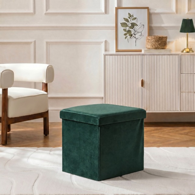 OHS Matte Velvet Foldable Cube Storage Ottoman - Woodland Green - image 1