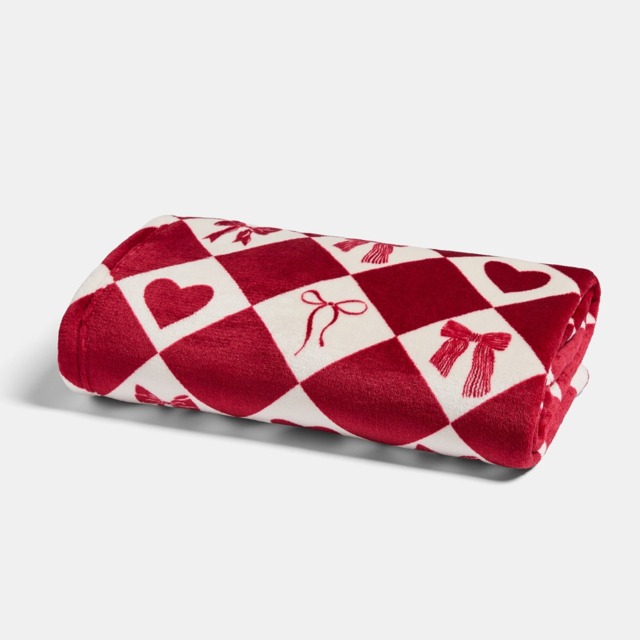 OHS Pet Bow & Heart Harlequin Print Sherpa Reverse Throw - Red/White - image 1