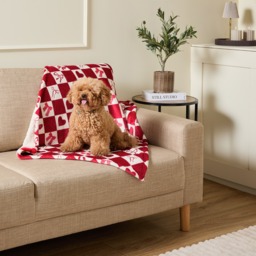 OHS Pet Bow & Heart Harlequin Print Sherpa Reverse Throw - Red/White