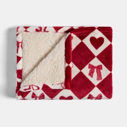 OHS Pet Bow & Heart Harlequin Print Sherpa Reverse Throw - Red/White - thumbnail 2