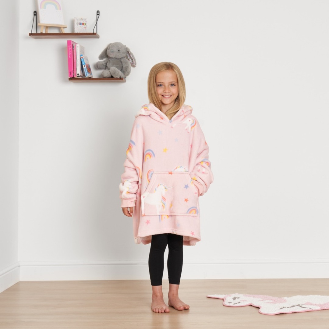 OHS Unicorn Print Hoodie Blanket, Kids Blush by Online Home Shop