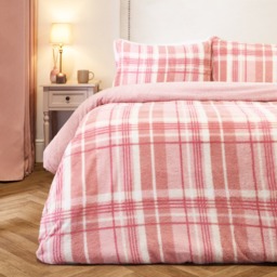 OHS Tartan Check Teddy Duvet Cover Set, Blush- King - thumbnail 1