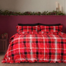 OHS Bow Check Frill Edge Duvet Cover Set, Red - Double