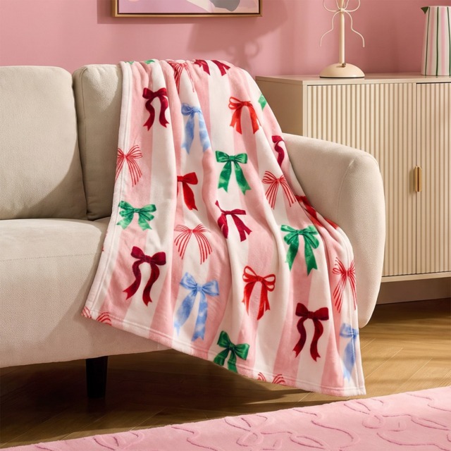 OHS Multi Bow Stripe Ultra Soft Throw - Pink/White - image 1