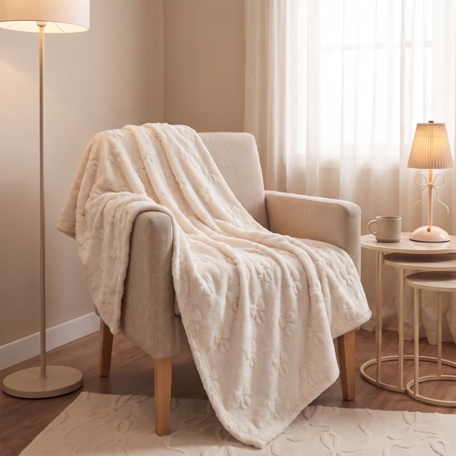 OHS Tufted Bow Teddy Fleece Throw, Ivory - 125 x 150cm - image 1