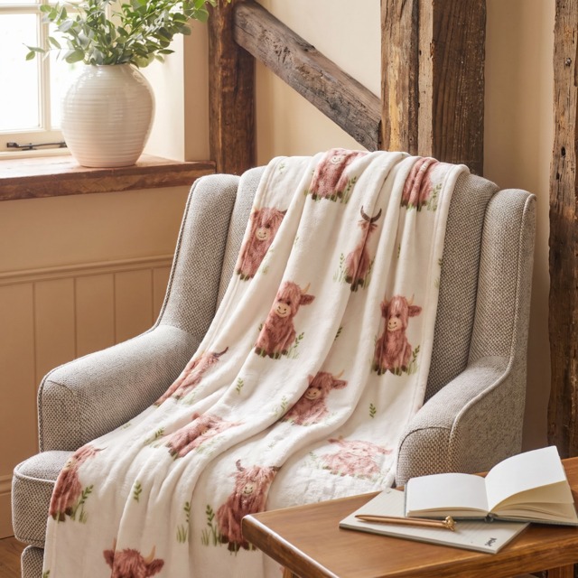 OHS Harry the Highland Cow Print Ultra Soft Throw - Natural/Green - image 1