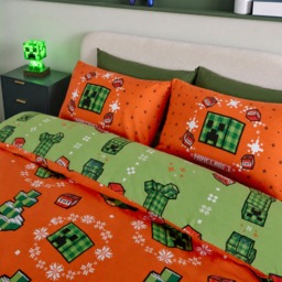 OHS Christmas Minecraft Print Reversible Duvet Set, Green - Single - thumbnail 3