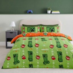 OHS Christmas Minecraft Print Reversible Duvet Set, Green - Single - thumbnail 1