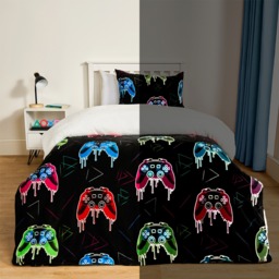 OHS Gaming Glow In The Dark Duvet Set, Black - Double - thumbnail 1