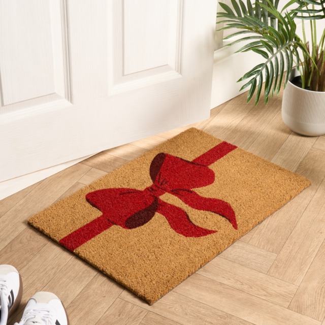 OHS Bow Print Coir Mat - Natural/Red - image 1