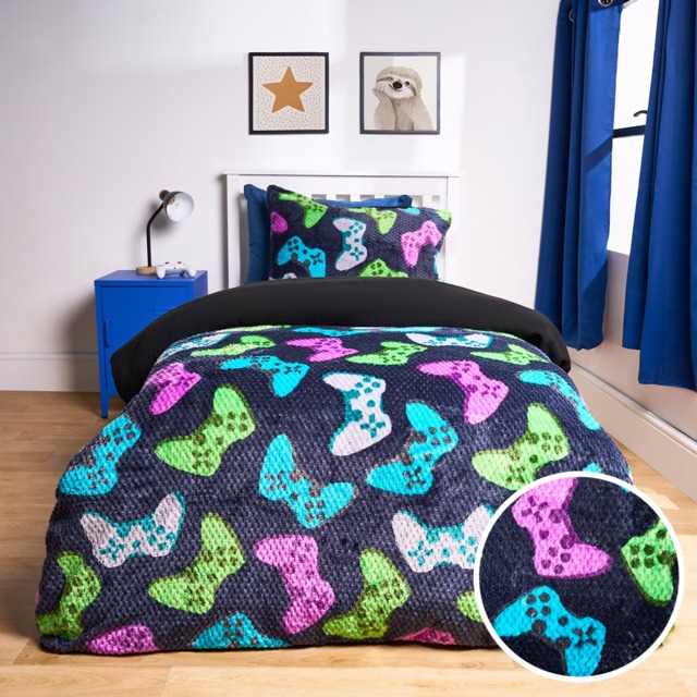OHS Gaming Print Waffle Fleece Duvet Cover Set, Navy - Double - image 1