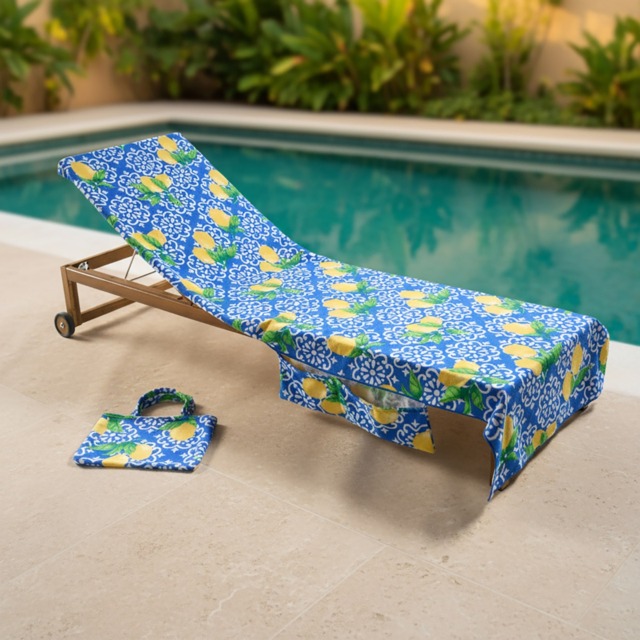 OHS Lemon Tile Print Beach Towel in a Bag - Blue/White - image 1