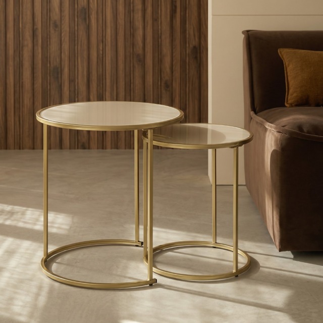 OHS Manhattan Nest of 2 Round Side Tables - Natural/Gold - image 1