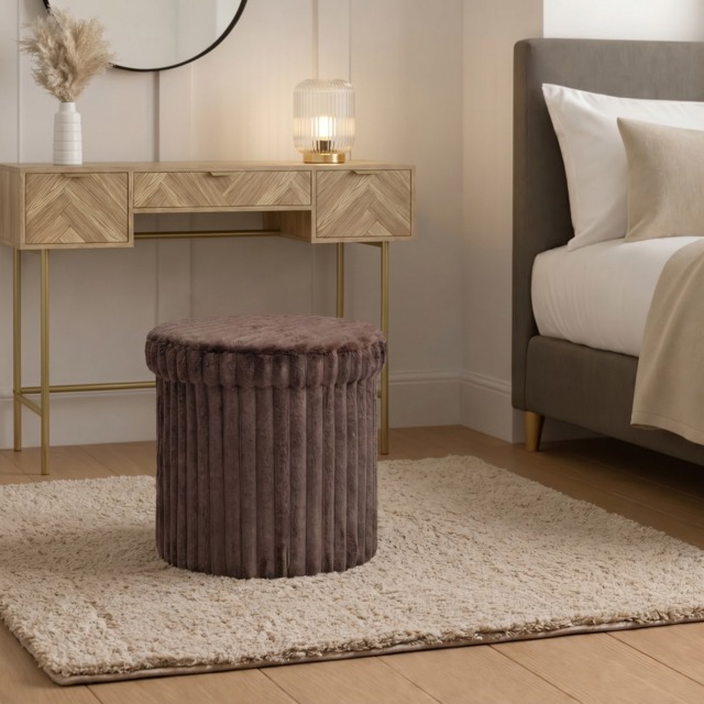 OHS Faux Fur Ribbed Foldable Round Storage Ottoman - Chocolate - image 1