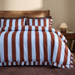 OHS Wiggle Stripe Print Frill Edge Duvet Cover Set, Brown/Blue - Double - thumbnail 1