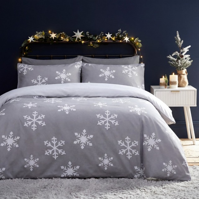 OHS Snowflake Print Brushed Cotton Flannelette Duvet Cover Set, Grey - Double - image 1