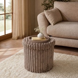 OHS Faux Fur Ribbed Foldable Round Storage Ottoman - Mink - thumbnail 1
