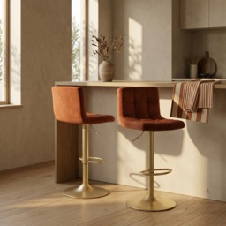 OHS Set of 2 Adjustable Velvet Bar Stools - Rust/Gold