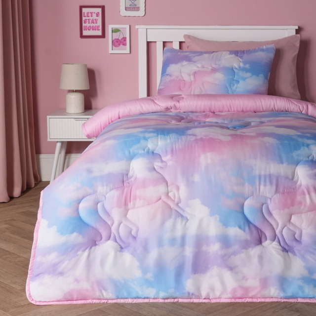 OHS Unicorn Print Quilted Coverless 7.5 Tog Duvet Set, Multi - Single - image 1