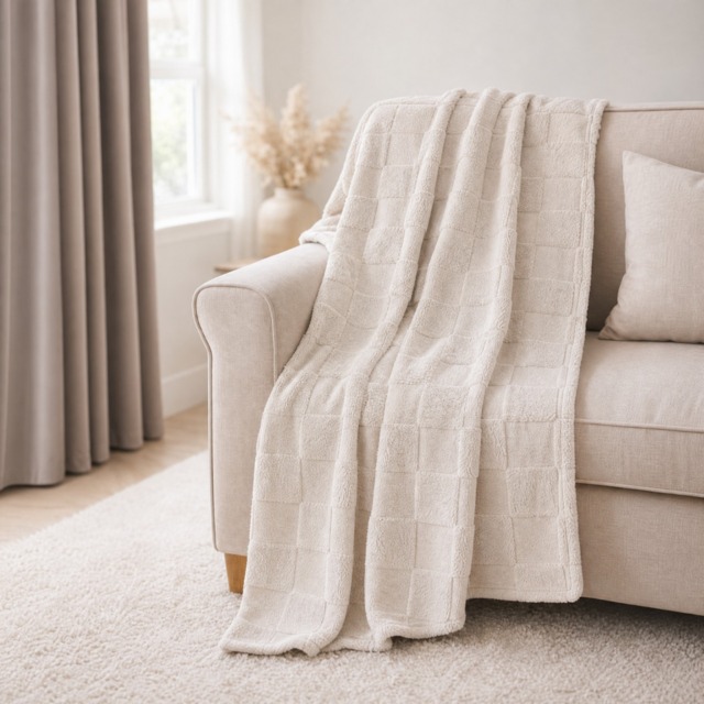 OHS Tufted Checkerboard Teddy Fleece Throw, Stone - 125 x 150cm - image 1