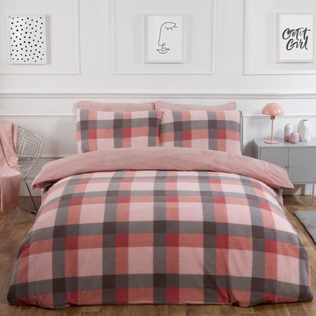 OHS Check Teddy Fleece Duvet Cover Set, Blush - Super King - image 1