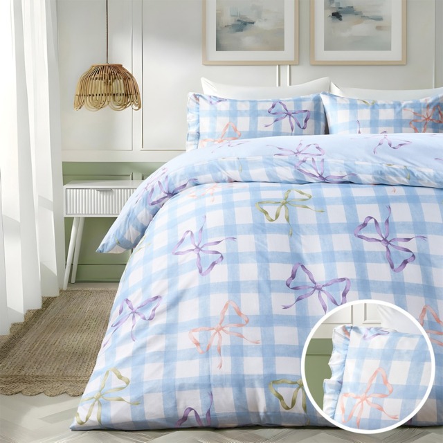 OHS Bow Print Gingham Duvet Cover & Frill Edge Pillowcase Set, Blue/White - Double - image 1