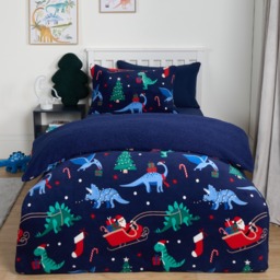 OHS Christmas Dino Fleece Duvet Set, Navy - Single - thumbnail 1