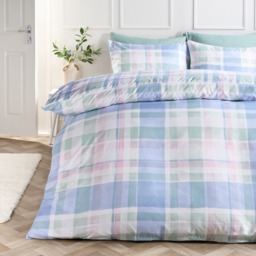 OHS Watercolour Check Print Duvet Set, Blue - Super King - thumbnail 1