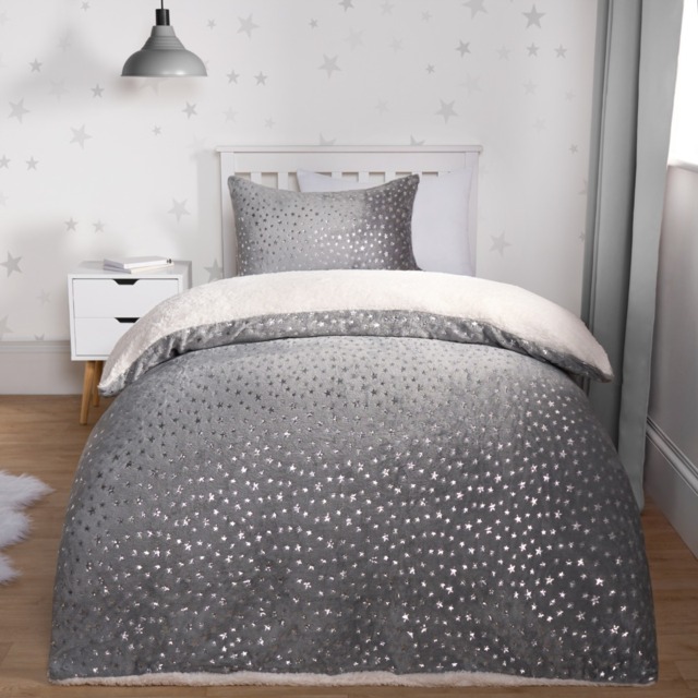 OHS Metallic Stars Fleece Duvet Set, Grey - Single - image 1